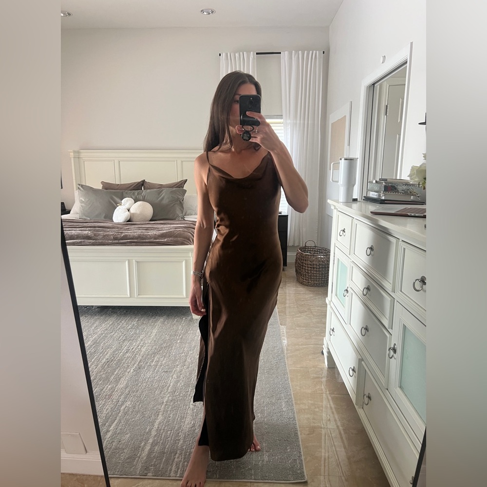 Long brown satin dress with cowl neck